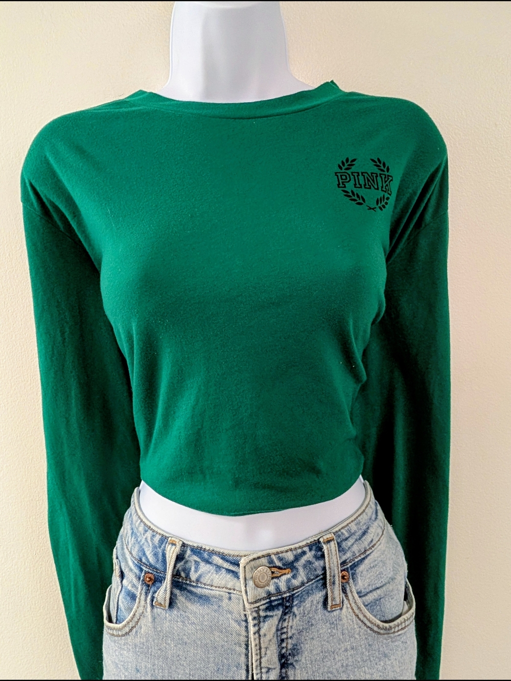 PINK Victoria's Secret Women's Long Sleeve Cropped Top - Green